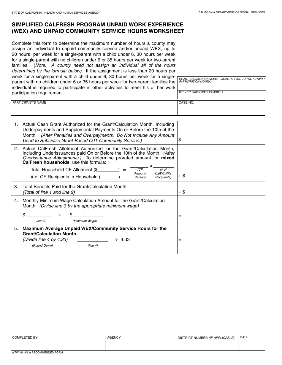Form WTW15 Simplified CalFresh Program Unpaid Work Experience (Wex) and Unpaid Community Service Hours Worksheet - California, Page 1
