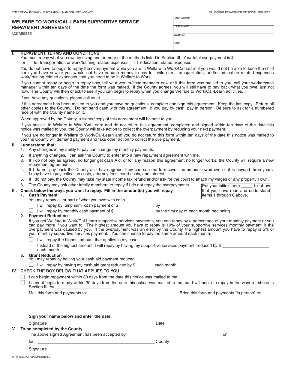 Form WTW12 Welfare to Work / Cal-Learn Supportive Service Repayment Agreement - California, Page 1