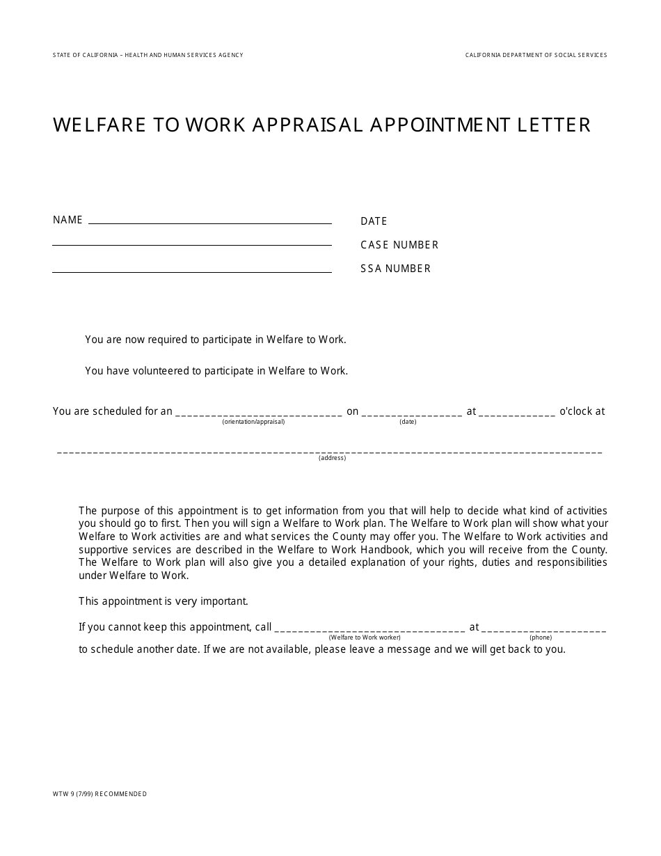 Form WTW9 Welfare to Work Appraisal Appointment Letter - California, Page 1