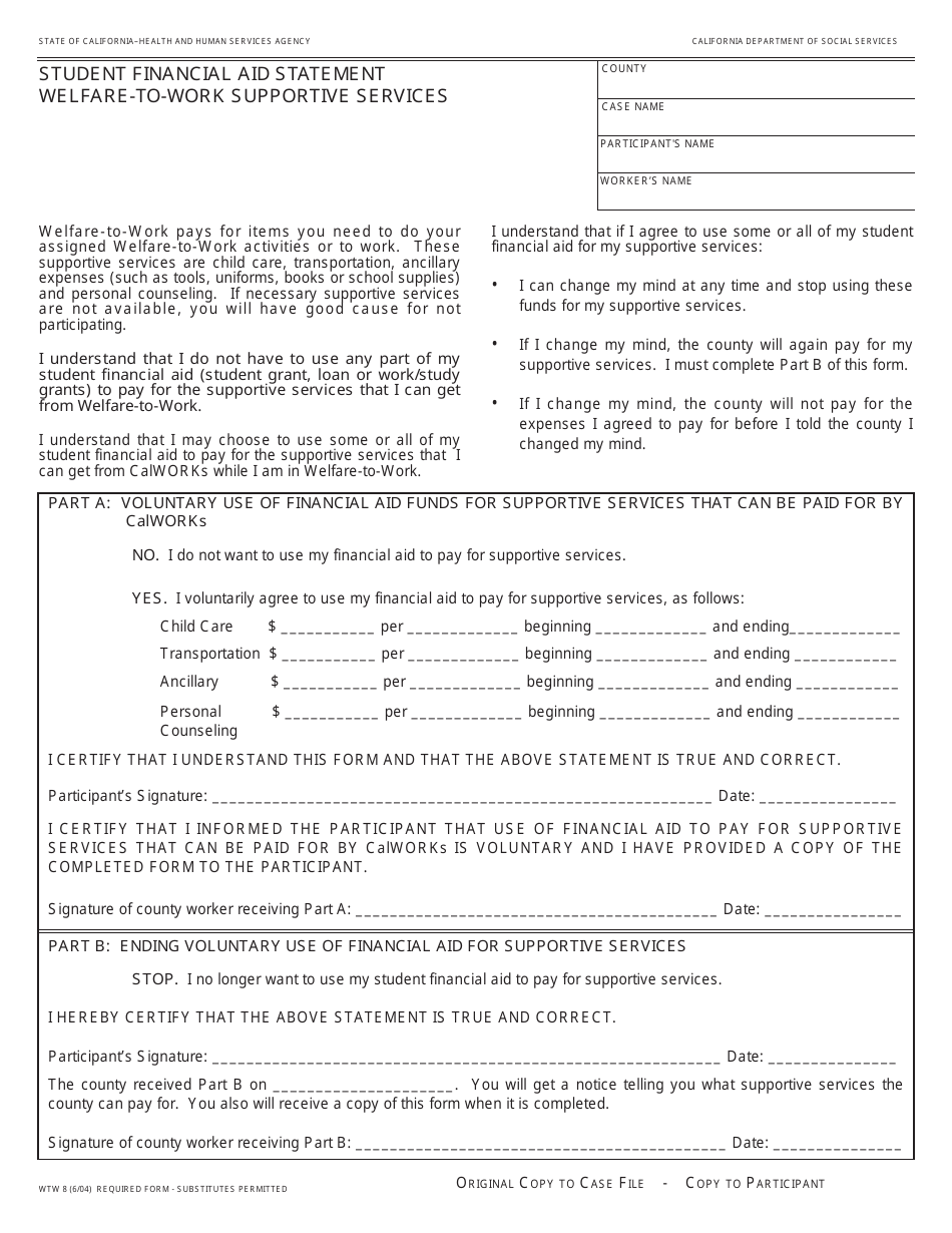 Form WTW8 Student Financial Aid Statement Welfare-To-Work Supportive Services - California, Page 1