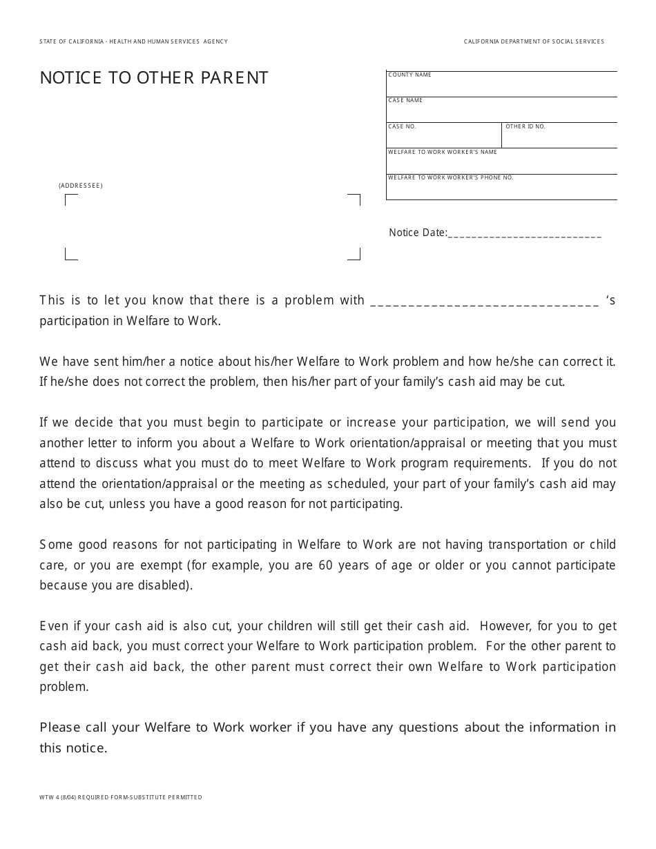 Form WTW4 Notice to Other Parent - California, Page 1