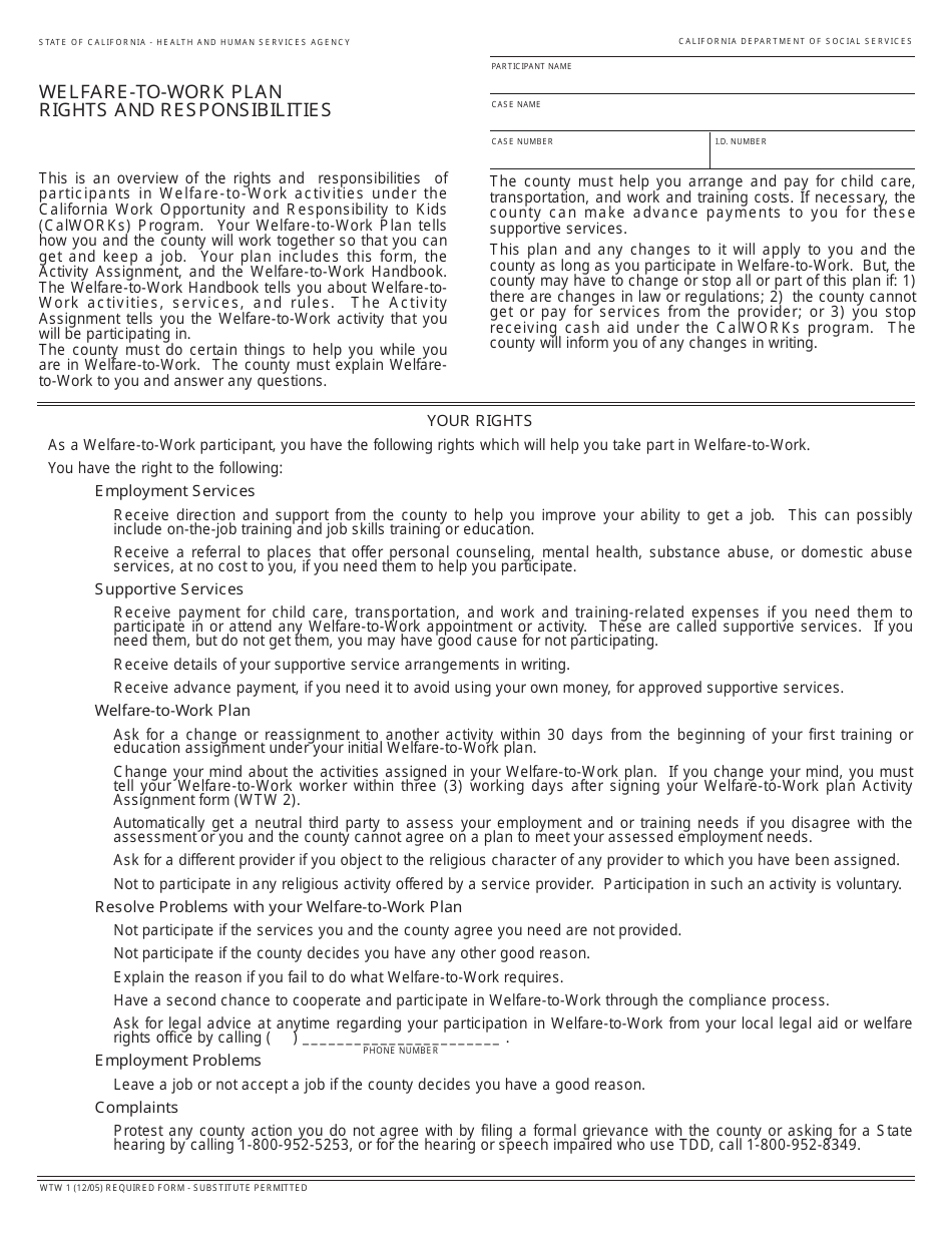 Form WTW1 Welfare-To-Work Plan Rights and Responsibilities - California, Page 1