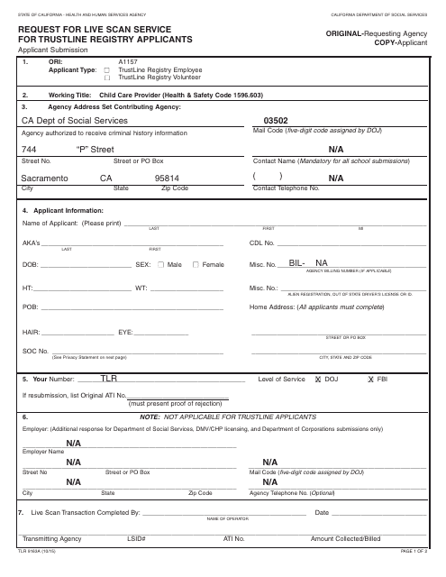 Form TLR9163A Request for Live Scan Service for Trustline Registry Applicants - California
