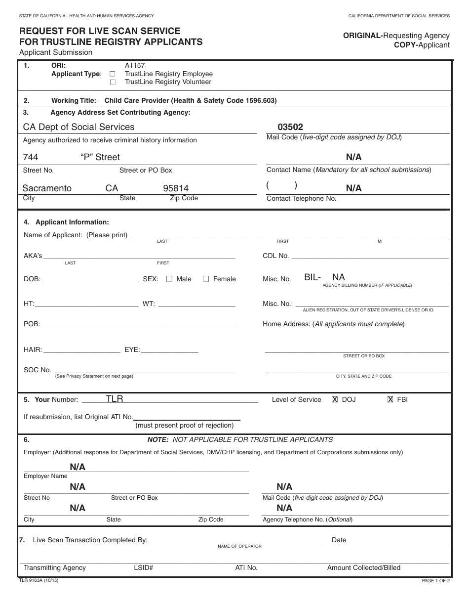 Form TLR9163A Request for Live Scan Service for Trustline Registry Applicants - California, Page 1