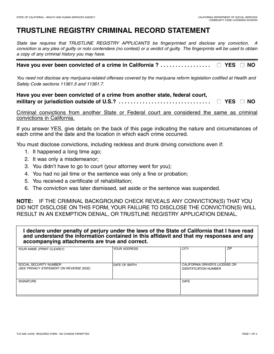 Form TLR508 Trustline Registry Criminal Record Statement - California, Page 1