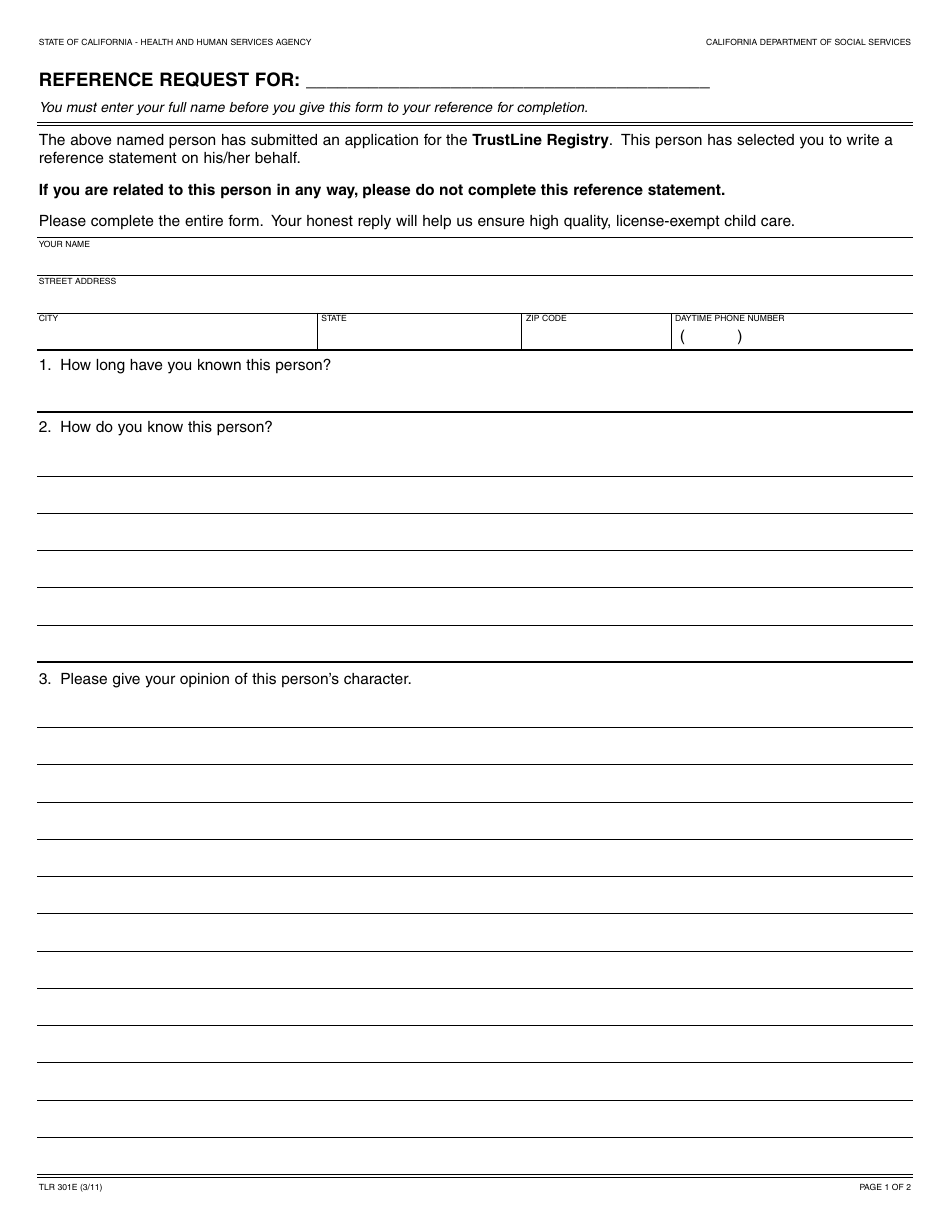 Form TLR301E Trustline Reference Request - Exemption - California, Page 1