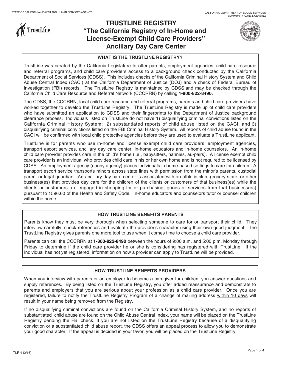 Form TLR4 Trustline Registry Ancillary Day Care Center Provider Application - California, Page 1