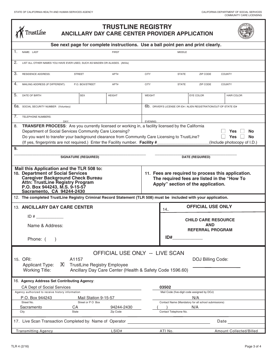 Form TLR4 Trustline Registry Ancillary Day Care Center Provider Application - California, Page 3