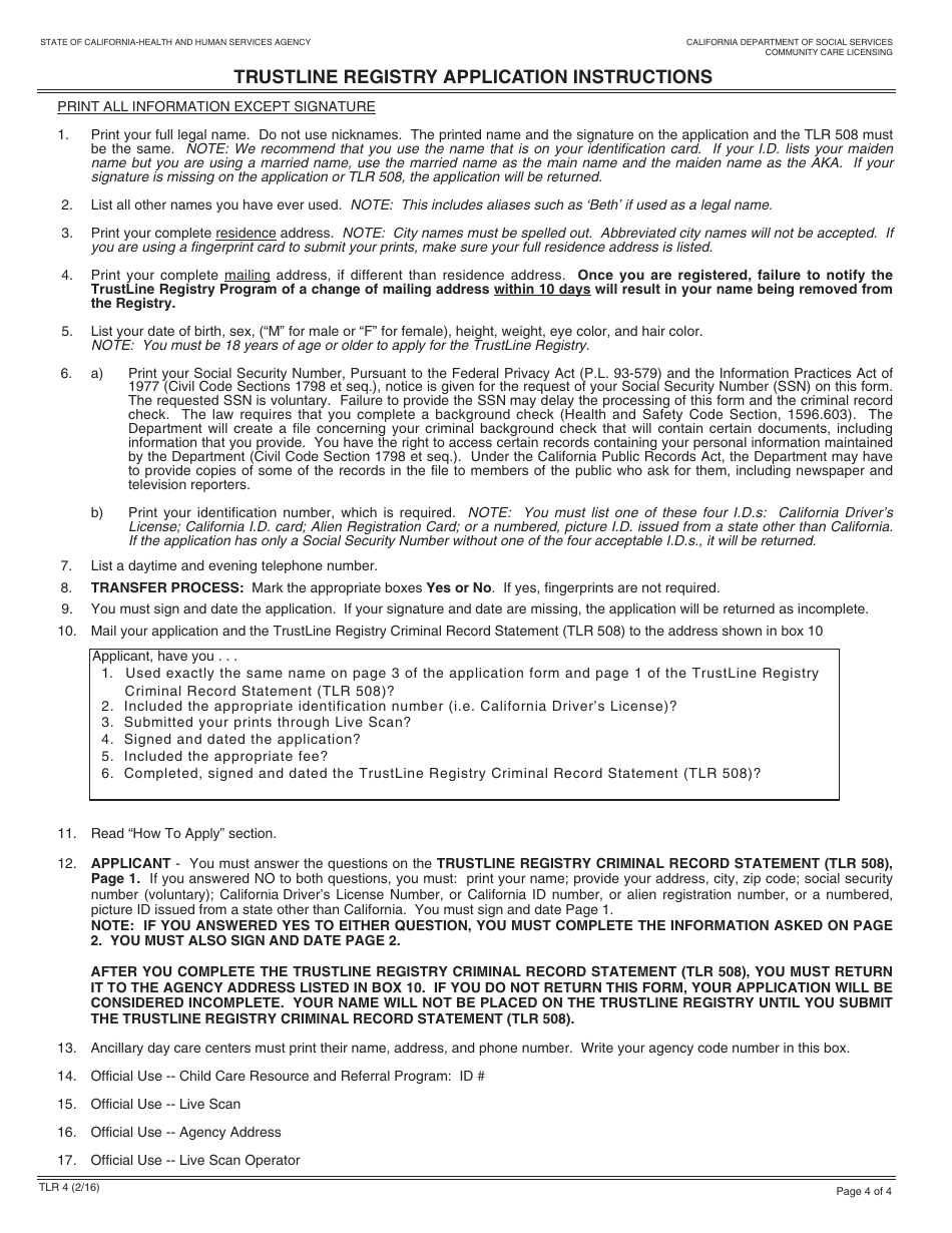 Form TLR4 Trustline Registry Ancillary Day Care Center Provider Application - California, Page 4