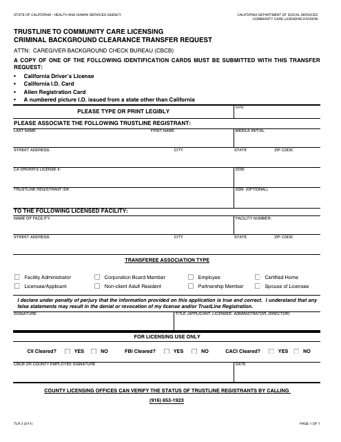 Form TLR3 Trustline to Community Care Licensing Criminal Background Clearance Transfer Request - California