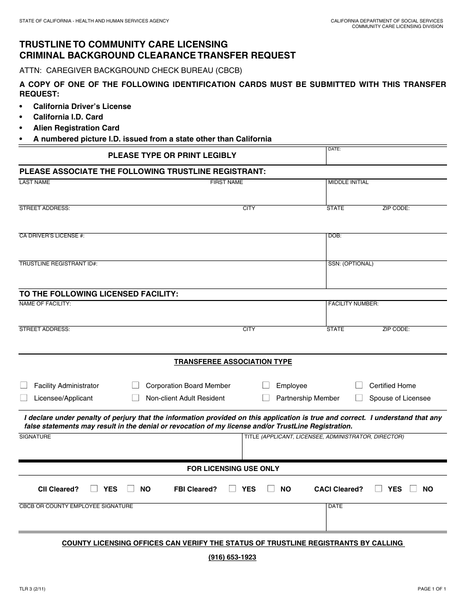 Form TLR3 Trustline to Community Care Licensing Criminal Background Clearance Transfer Request - California, Page 1