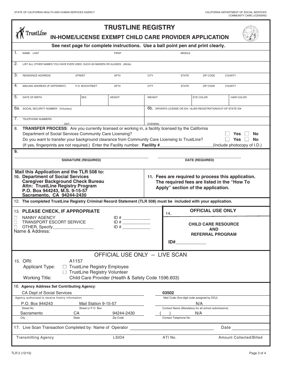 Form TLR2 Trustline Registry in-Home / License Exempt Child Care Provider Application - California, Page 3