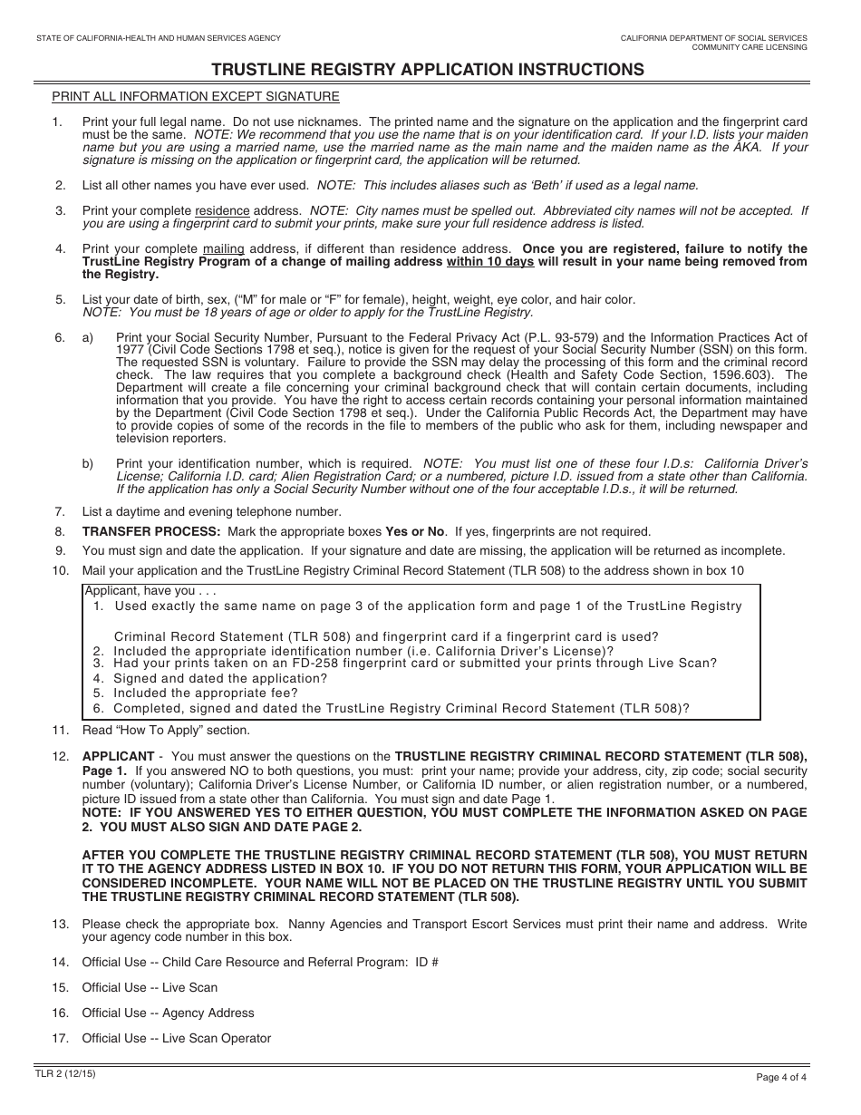 Form TLR2 Trustline Registry in-Home / License Exempt Child Care Provider Application - California, Page 4