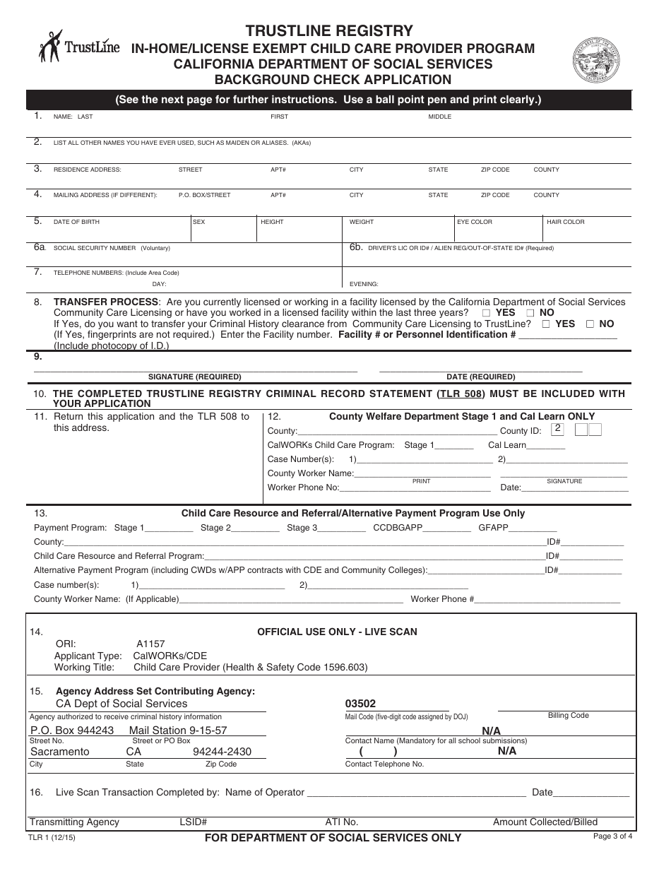 Form TLR1 Trustline Registry in-Home / License Exempt Child Care Provider Program Background Check Application - California, Page 3