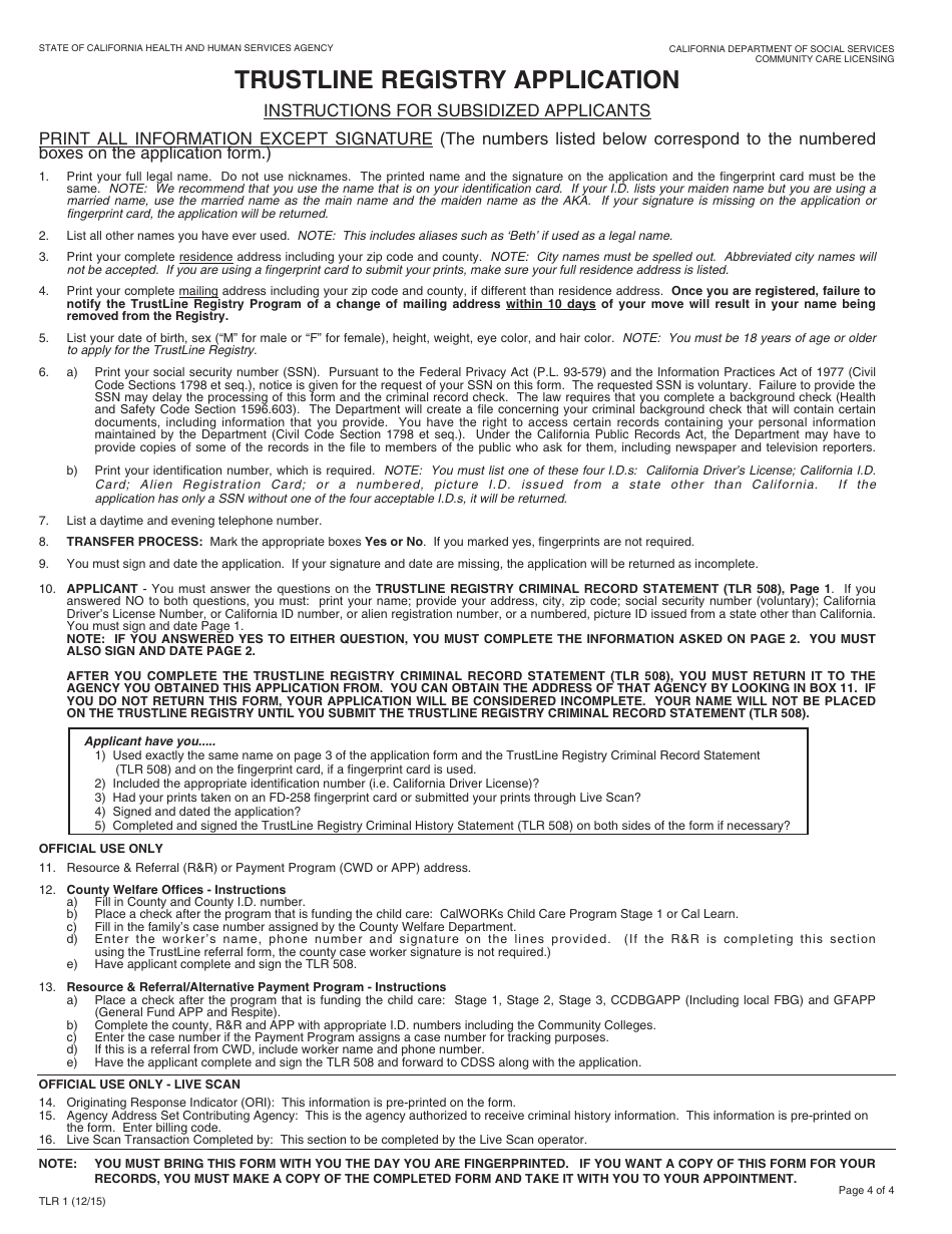 Form TLR1 Trustline Registry in-Home / License Exempt Child Care Provider Program Background Check Application - California, Page 4