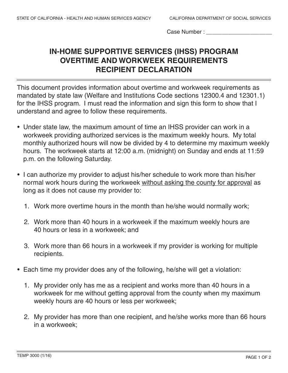 Form TEMP3000 In-home Supportive Services (Ihss) Program Overtime and Workweek Requirements Recipient Declaration - California, Page 1
