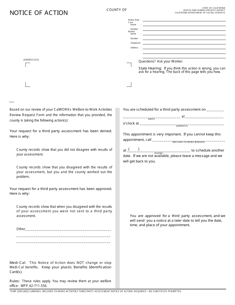 Form TEMP2209 Notice of Action - California, Page 1