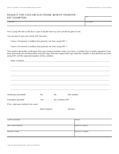 Form TEMP2203 Request for Cash Aid Electronic Benefit Transfer - Ebt Exemption - California