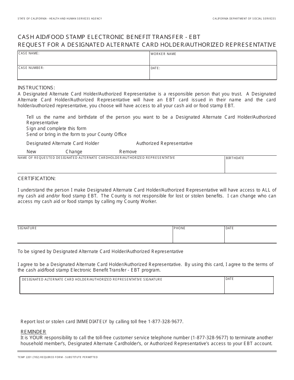 Form TEMP2201 Cash Aid/Food Stamp Electronic Benefit Transfer - Ebt Request for a Designated Alternate Card Holder/Authorized Representative - California, Page 1