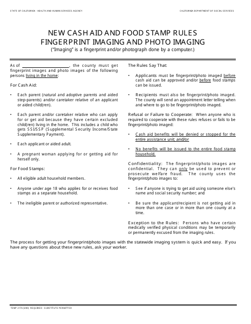 Form TEMP2173 New Cash Aid and Food Stamp Rules Fingerprint Imaging and Photo Imaging - California