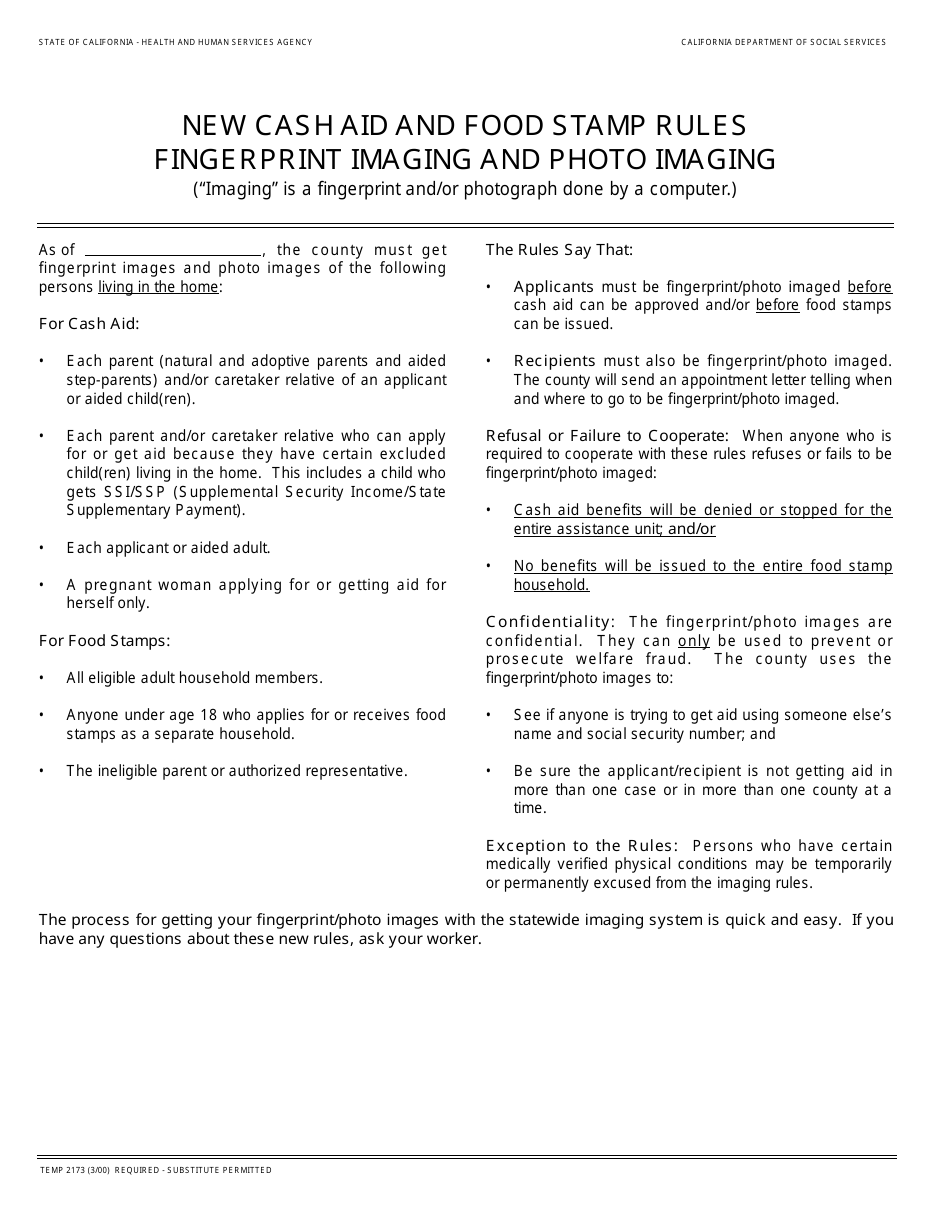 Form TEMP2173 New Cash Aid and Food Stamp Rules Fingerprint Imaging and Photo Imaging - California, Page 1