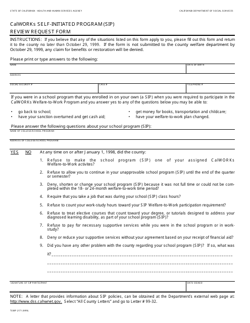 Form TEMP2171 Calworks Self-initiated Program (Sip) Review Request Form - California