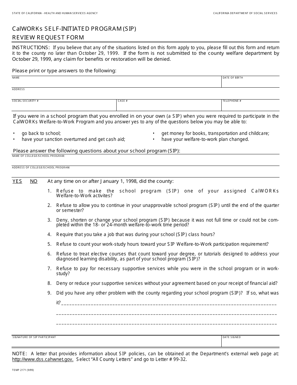 Form TEMP2171 Calworks Self-initiated Program (Sip) Review Request Form - California, Page 1