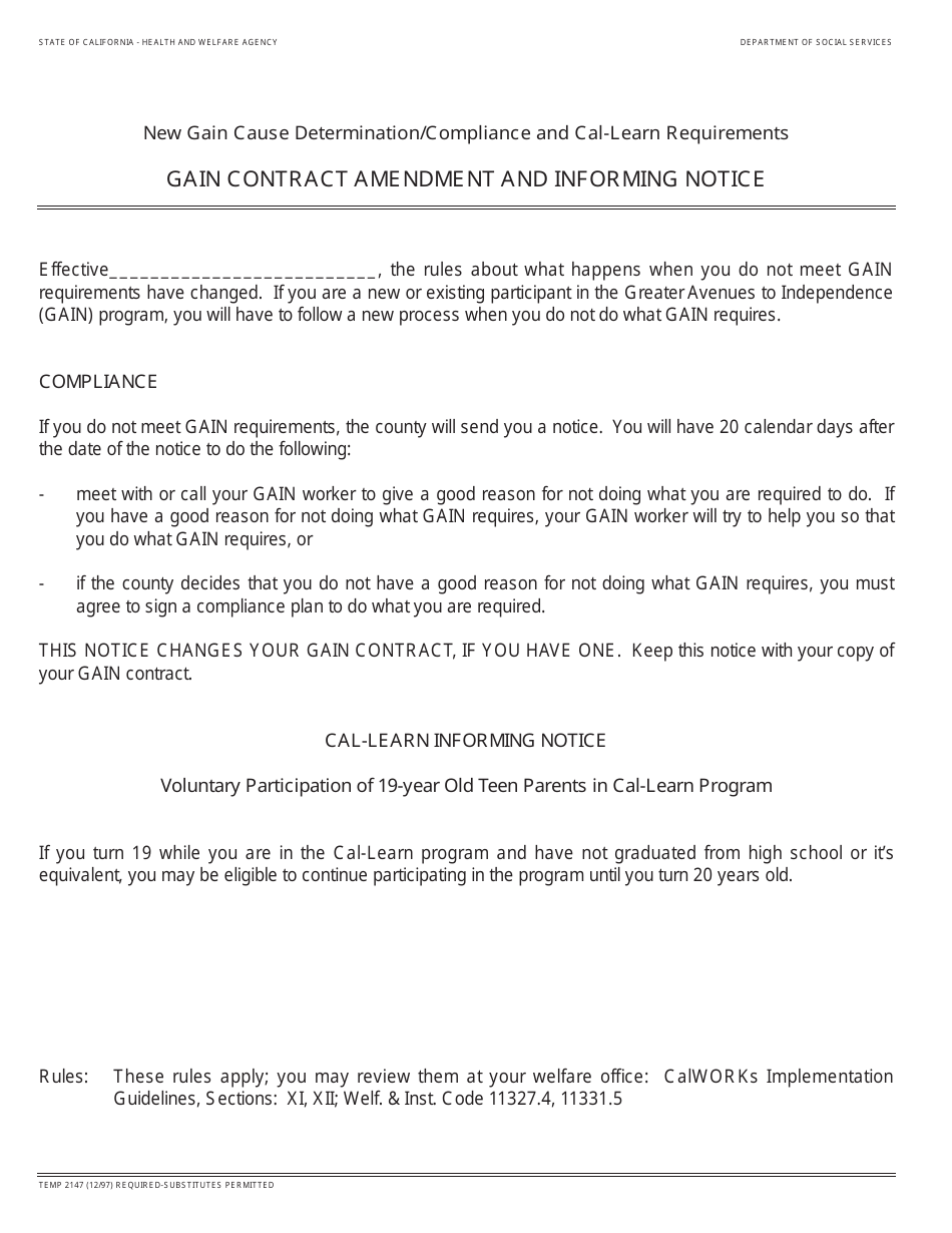 Form TEMP2147 Gain Contract Amendment and Informing Notice - California, Page 1