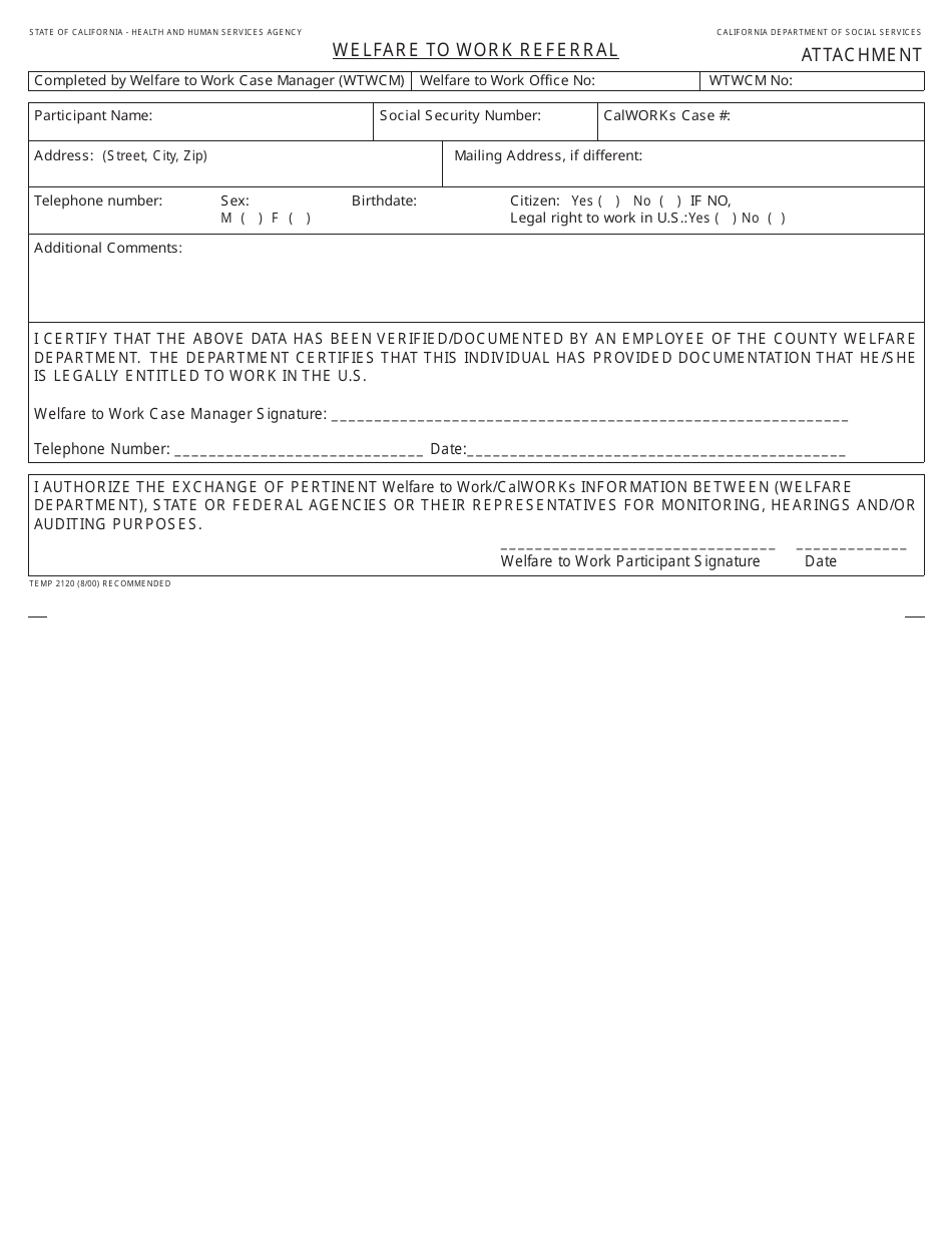 Form TEMP2120 Welfare to Work Referral - California, Page 1