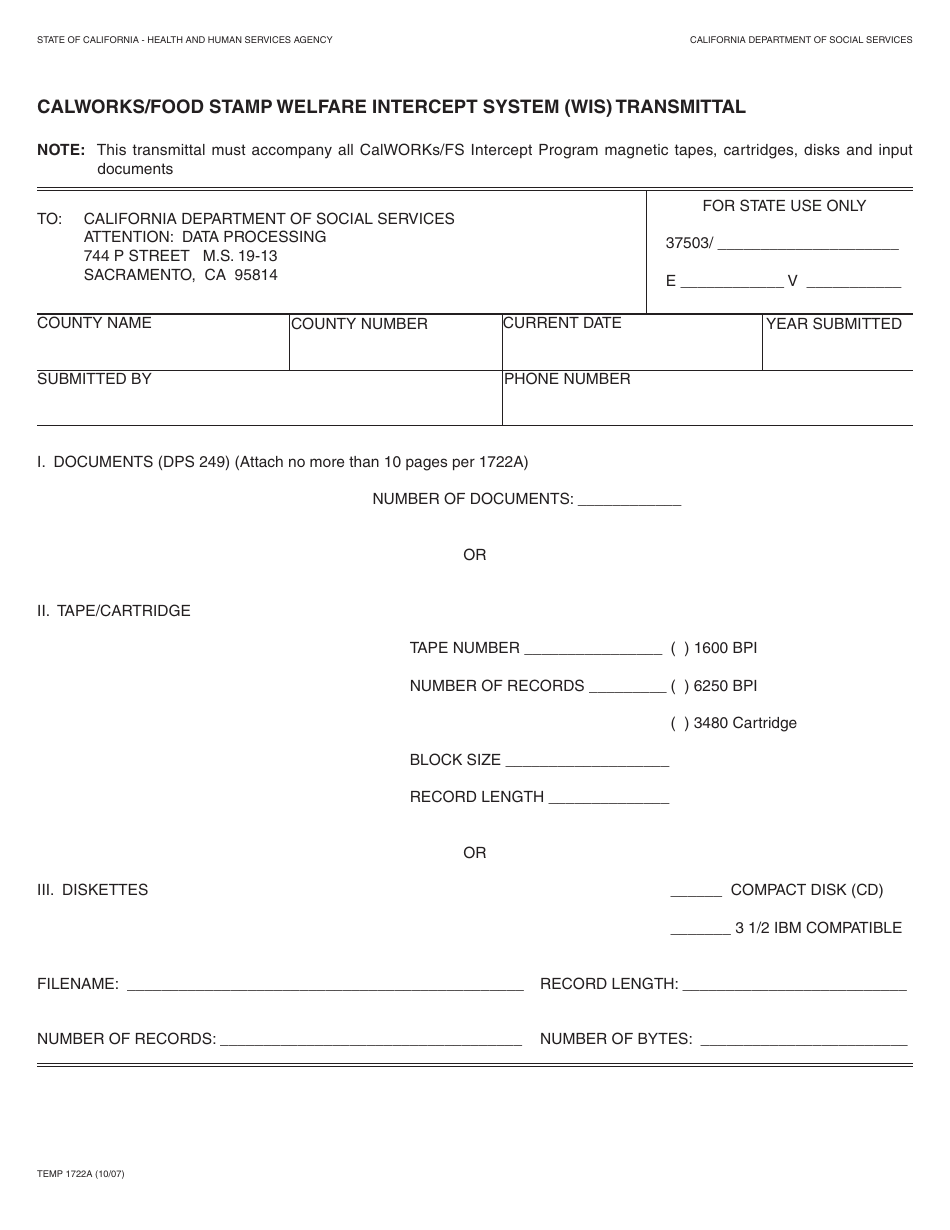 Form TEMP1722A Calworks / Food Stamp Welfare Intercept System (Wis) Transmittal - California, Page 1
