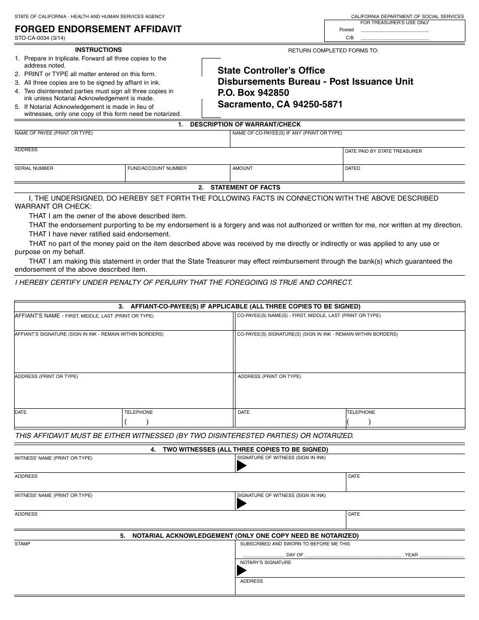Form STO-CA-0034 Forged Endorsement Affidavit - California, Page 1