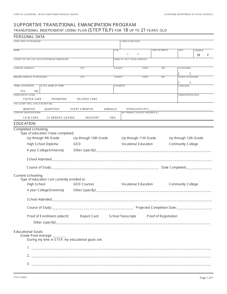 Form STEP8 Supportive Transitional Emancipation Program - Transitional Independent Living Plan (Step Tilp) for 18 up to 21 Years Old - California, Page 1