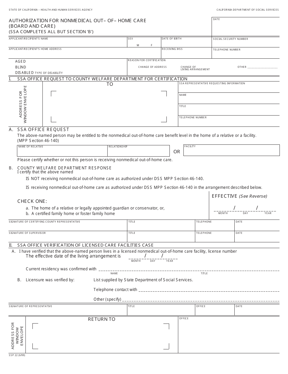 Form SSP22 Authorization for Nonmedical out- of- Home Care (Board and Care) - California, Page 1