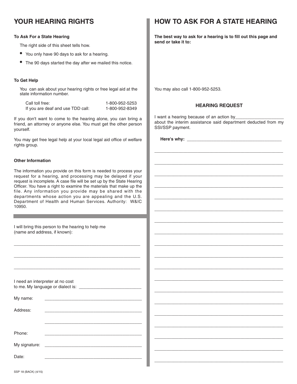 Form SSP18 Notice of Action and Right to Request a State Hearing on Interim Assistance - California, Page 2