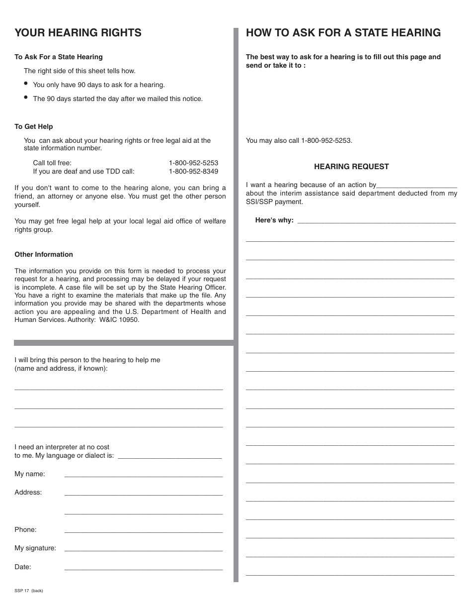 Form SSP17 Notice of Action and Right to Request a State Hearing on Interim Assistance - California, Page 2