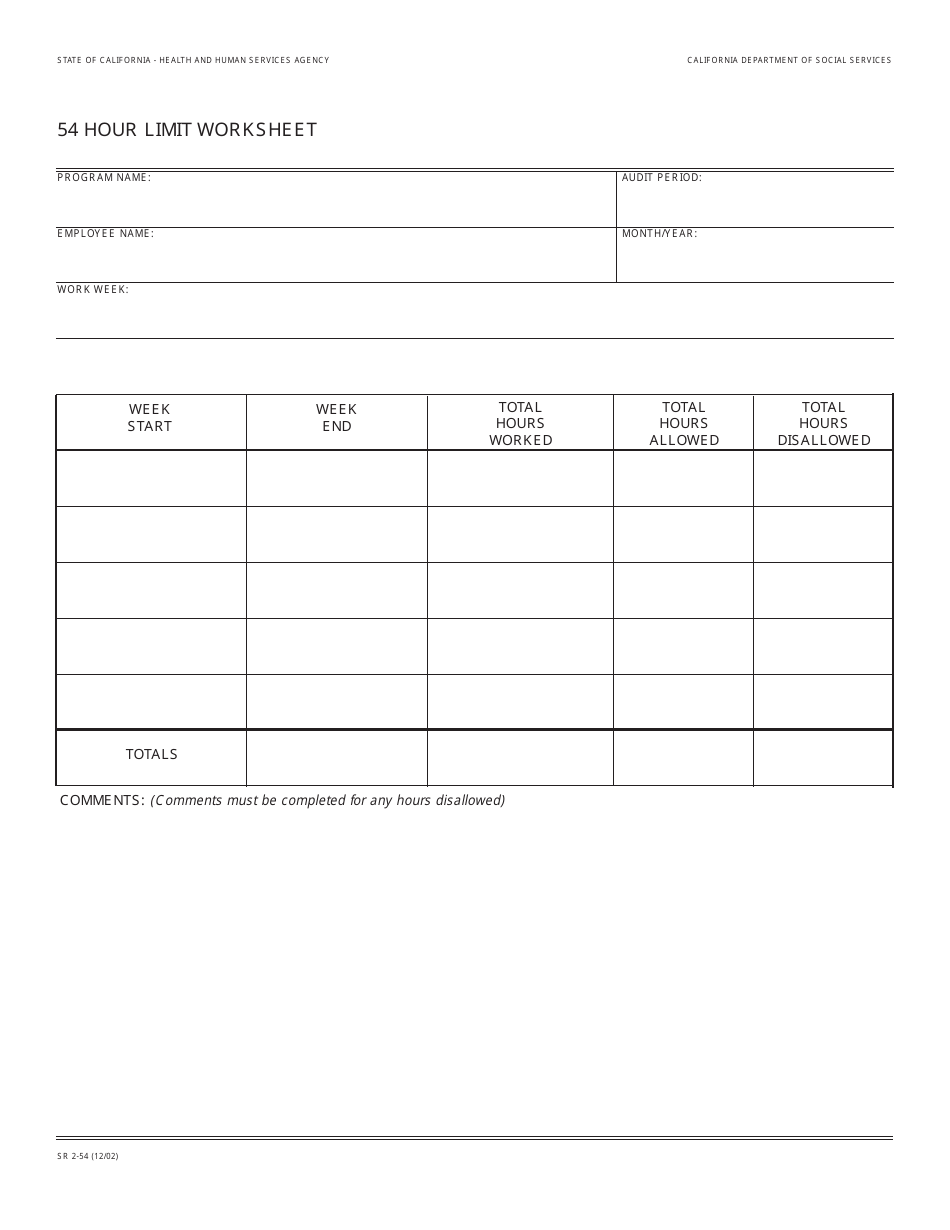 Form SR2-54 54 Hour Limit Worksheet - California, Page 1