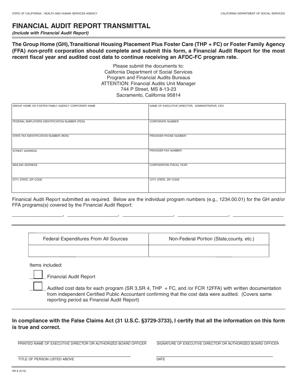 Form SR8 Financial Audit Report Transmittal - California, Page 1