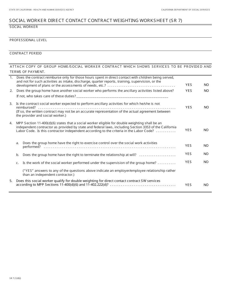 Form SR7 Social Worker Direct Contact Contract Weighting Worksheet - California, Page 1