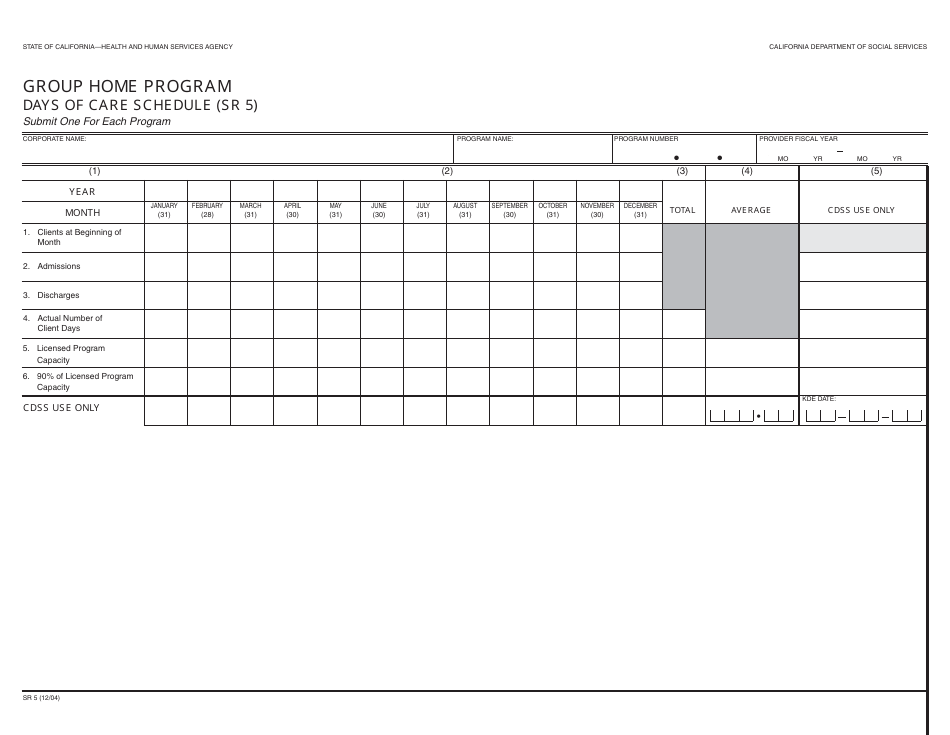 Form SR5 Group Home Program Days of Care Schedule - California, Page 1