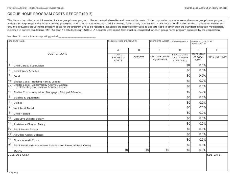 Form SR3 Group Home Program Costs Report - California, Page 1
