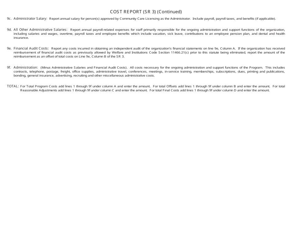 Form SR3 Group Home Program Costs Report - California, Page 3