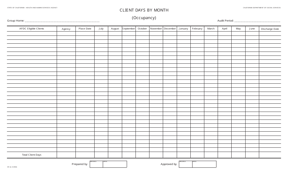 Form SR2J Client Days by Month (Occupancy) - California, Page 1