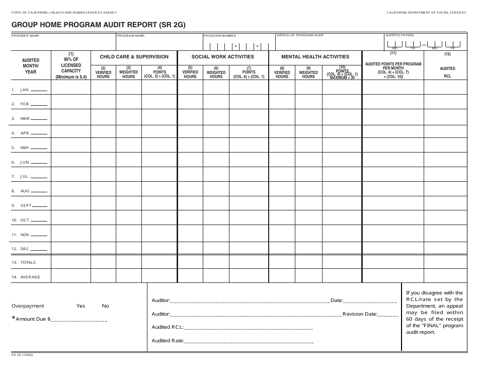 Form SR2G Group Home Program Audit Report - California, Page 1