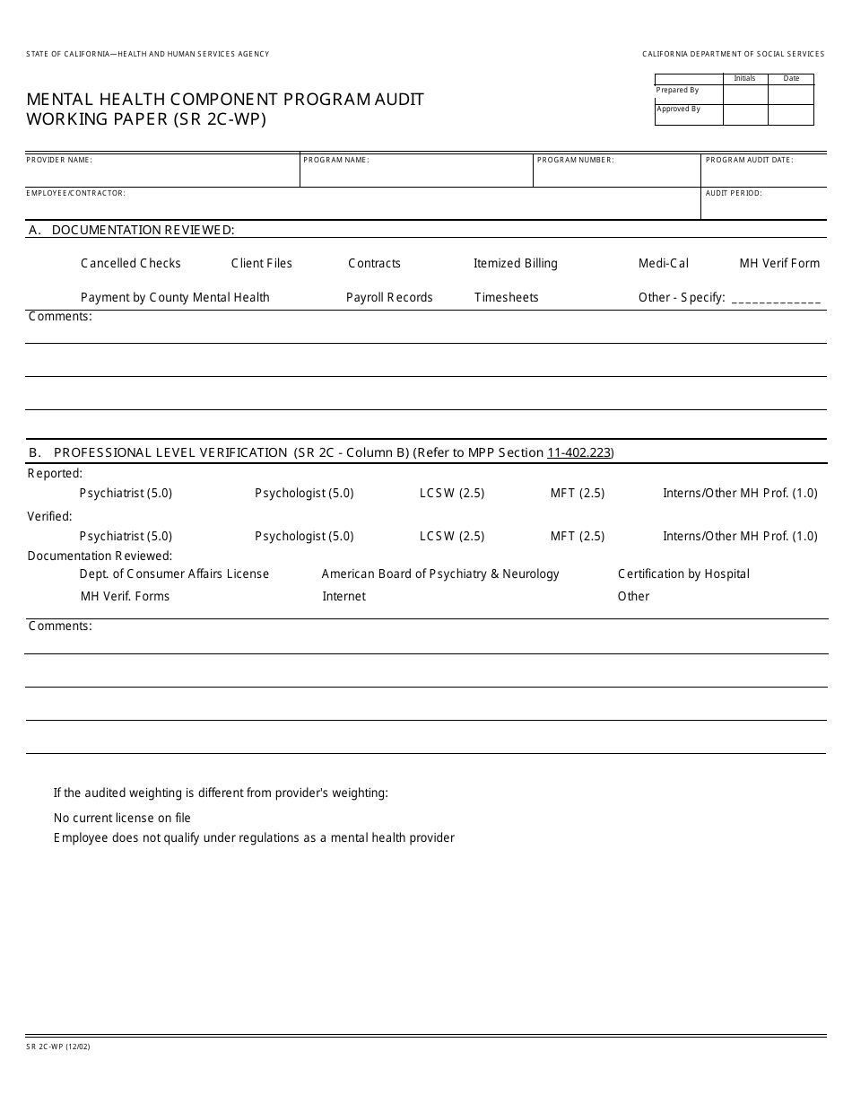 Form SR2C-WP Mental Health Component Program Audit Working Paper - California, Page 1