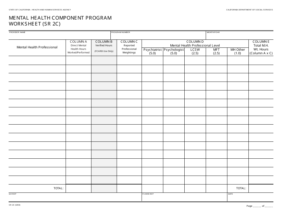 Form SR2C Mental Health Component Program Worksheet - California, Page 1
