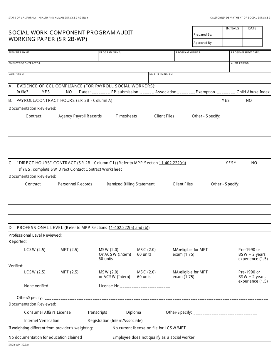 Form SR2B-WP Social Work Component Program Audit Working Paper - California, Page 1