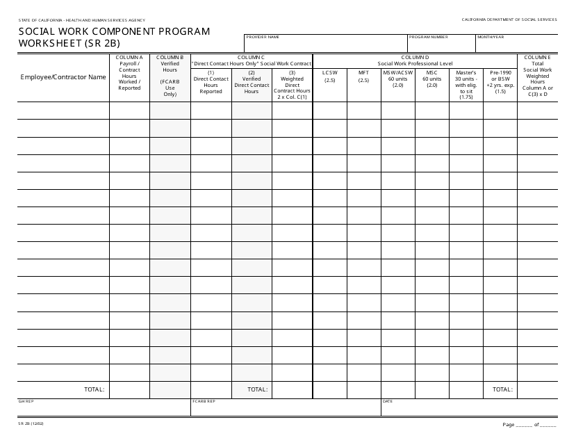 Form SR2B Social Work Component Program Worksheet - California