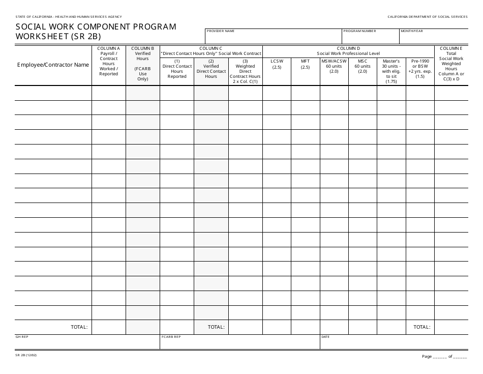 Form SR2B Social Work Component Program Worksheet - California, Page 1