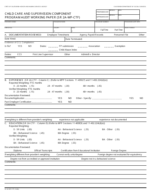 Form SR2A-WP-CTF Child Care and Supervision Component Program Audit Working Paper - California