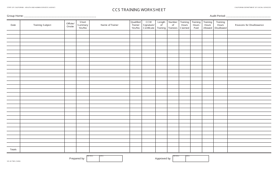 Form SR2A TWS Ccs Training Worksheet - California, Page 1